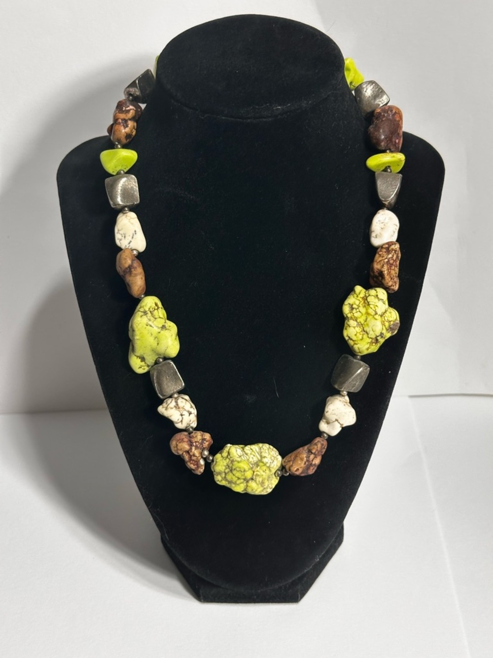 Chunky Stone Necklace Lime Green Brown White Earthy Boho Festival Handmade